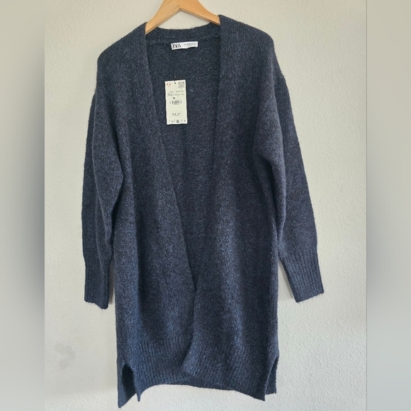 ZARA Woman XS-S Blue Knit Long Open Front Oversized Alpaca Coatigan Sweater New - Picture 2 of 11